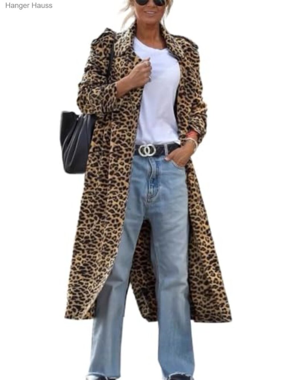 Faux Suede Leopard Pea Coat Loose Trench Duster Jacket